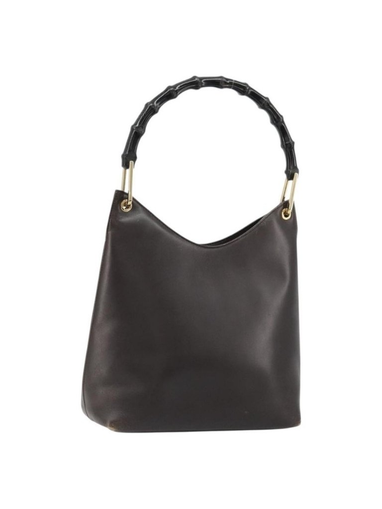 Authentic Gucci Bamboo Shoulder Bag Leather Dark Brown Gold 001 3007
